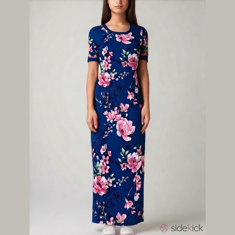 GILl Blue Floral Short-Sleeve Side Slit Maxi Dress Size XS Lined Stretchy NWT